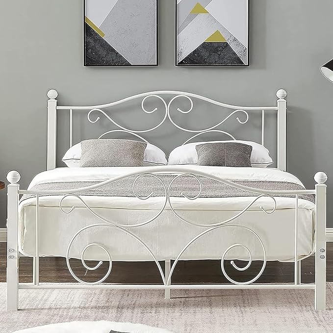 VECELO Queen Size Bed Frame with Headboard and Footboard, Heavy Duty Metal Slat Support, Platform Mattress Foundation, No Box Spring Needed, Easy Assembly, White