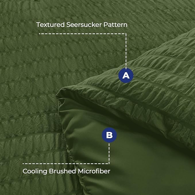 HYMOKEGE Olive Green Duvet Cover Full Size, Ultra Soft 3-Piece Seersucker Duvet Cover Set with Zipper Closure, Soft Brushed Microfiber Bedding Set with 8 Corner Ties (80"x90", 2 Pillowshams)