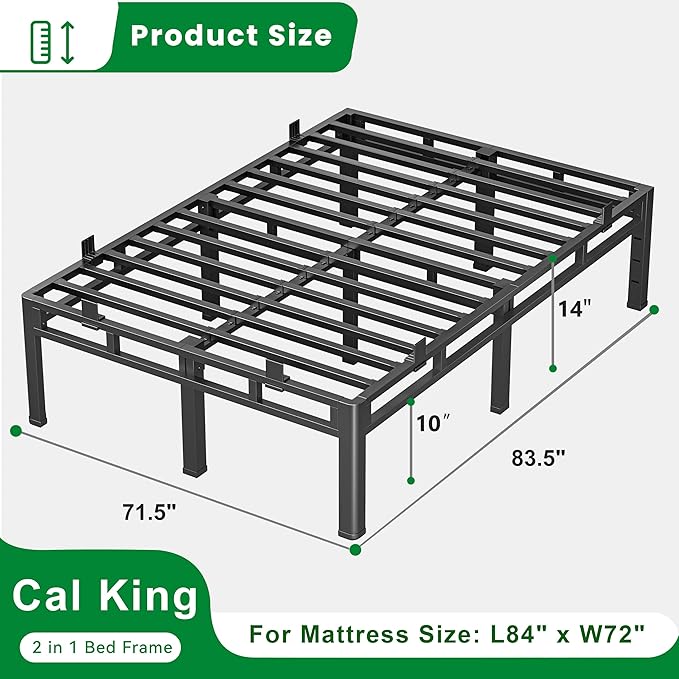 ROIL 14 Inch Cal King Bed Frame, Double Layer Metal Bed Frame with Round Corner Legs, 4000LBS Bed Frame & Box Spring 2 in 1 Platform with Headboard Holes Mattress Baffles, Noise-Free Easy Assembly