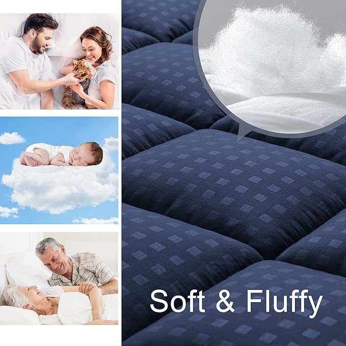 HYLEORY Twin Mattress Pad Quilted Fitted Mattress Protector Cooling Pillow Top Mattress Cover Breathable Fluffy Soft Mattress Topper with 8-21" Deep Pocket, Navy