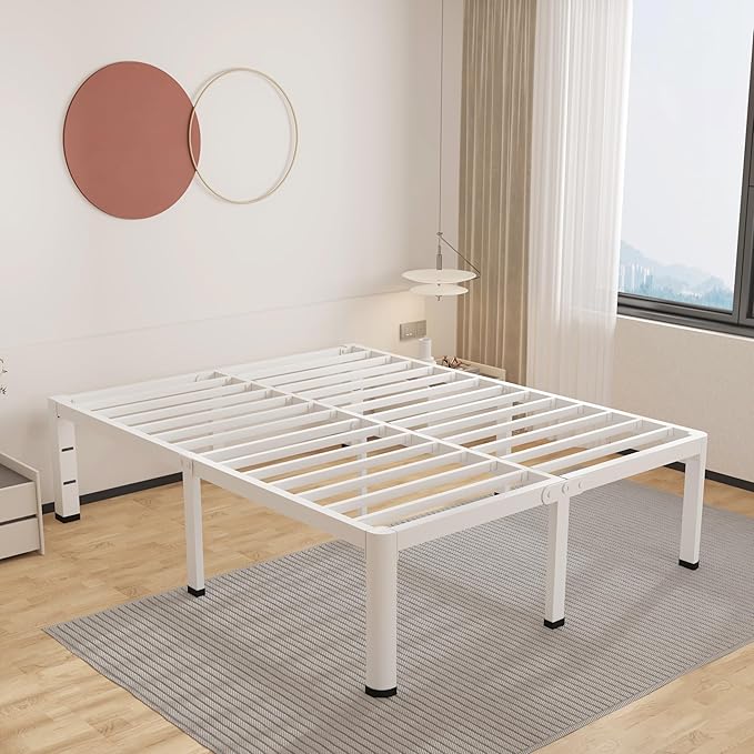 ROIL 12 Inch White King Bed Frame with Rounded Corner and Headboard Hole Mattress Retainers, 3500LBS Heavy Duty Steel Slats No Box Spring Needed Platform Noise-Free Easy Assembly