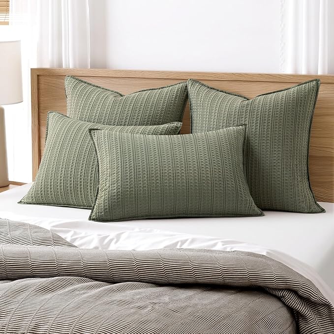 100% Cotton Waffle Pillow Shams Standard Size, 2 Pack 20x26 Decorative Pillow Covers for Bed Couch Sofa, Neutral Weave Cushion Cases Modern Farmhouse Home Decor, Olive Green