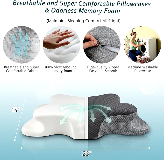 CHxxy Cervical Neck Pillow for Pain Relief Sleeping, Memory Foam Pillows, Ergonomic Side Sleeper Pillows, Cooling Orthopedic Neck Support Pillow for Back Stomach Sleepers-Queen Size Grey&Grey