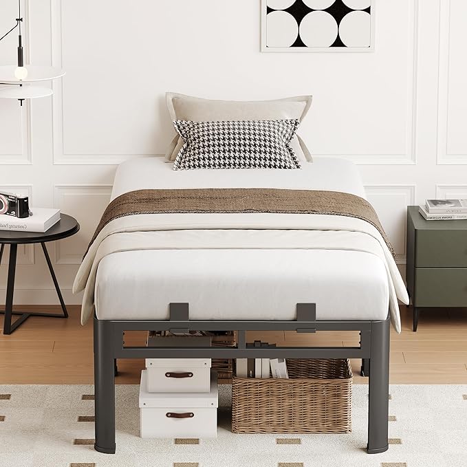 16 Inch Twin Bed Frames Heavy Duty, Metal Double Layer Steel 4000 lbs Capacity, Platform with Large Under Bed Storage Space, No Box Spring Needed, Noise-Free, Easy Assembly