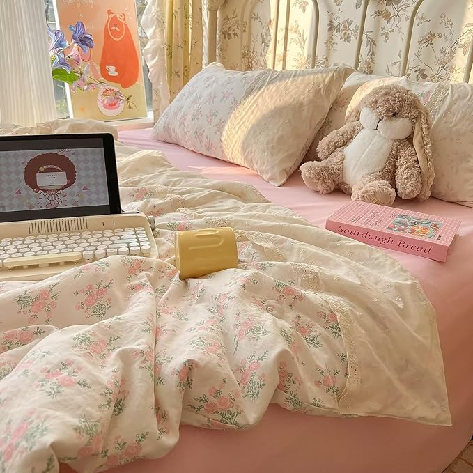 mixinni Vintage Floral Duvet Cover Set - 3 Piece King Size Pink Cottagecore Bedding with Lace Trim, Shabby Chic Bedding Set, Includes 1 Duvet Cover & 2 Pillowcases, Boho Aesthetic for Girls & Dorms