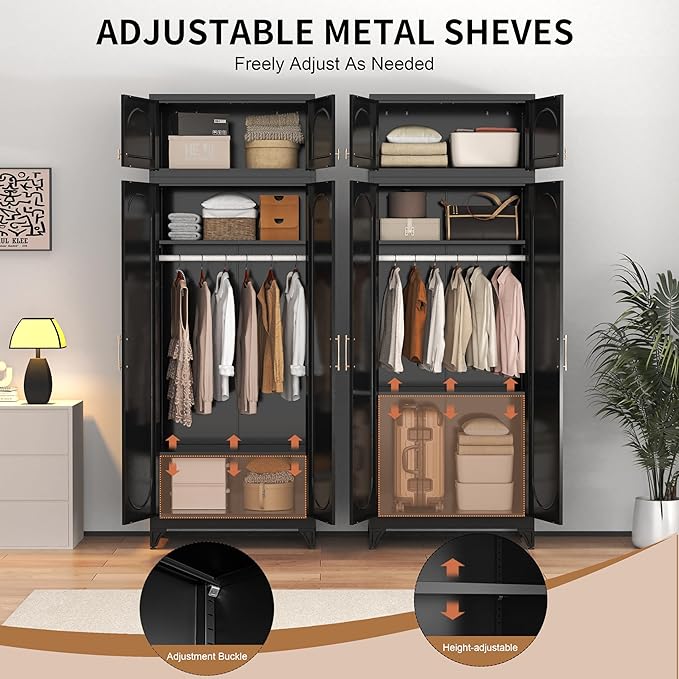 86" Metal Wardrobe Cabinets,Black Armoire Wardrobe Closet with Hanging Rod,Clothes Storage Cabinet with Adjustable Shelves and Doors,Clothing Cabinet for Bedroom, Office, Laundry Room
