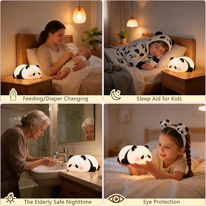 FAMIDUO Panda Night Light for Kids, Silicone Squishy LED Lamp, Food Grade BPA-Free Nursery Nightlight, 3-Level Dimmable Rechargeable, Portable Bedside Desk Decor for Baby Boys Girls, Funny Panda Gifts