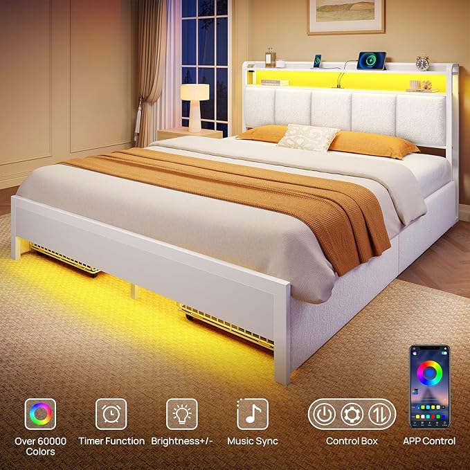 Rolanstar Bed Frame Queen Size with Charging Station and LED Lights, Upholstered Storage Headboard with Drawers, Heavy Duty Metal Slats, No Box Spring Needed, Noise Free, Easy Assembly, White