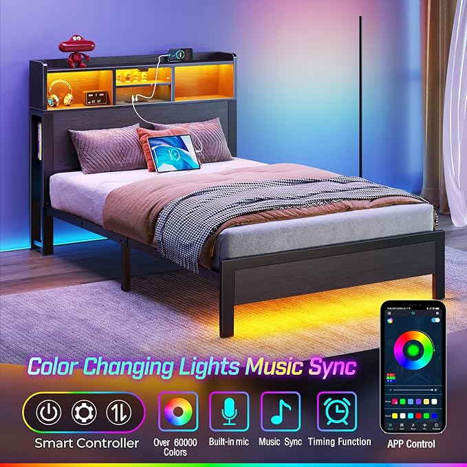 Rolanstar Twin Bed Frame with Storage Headboard & Side Shelf, Metal Platform Bed with Charging Station, LED Single Bed, No Box Spring Needed, Easy Assembly, Black