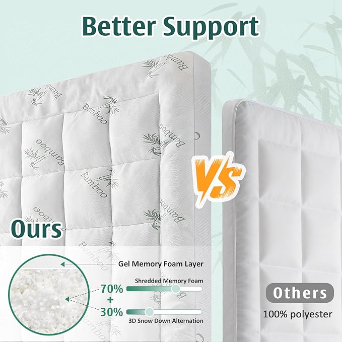 DOWNCOOL Memory Foam Mattress Topper King, Cooling Pillow Top Mattress Pad with Viscose Derived from Bamboo, Back Pain Relief, Deep Pocket Fits 8–21 Inch