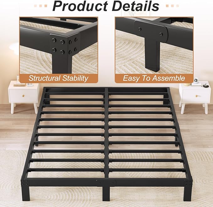 Bed Frame Heavy Duty Metal Platform No Box Spring Needed with Steel Slat Support,Easy Assembly,Noise-Free(4 Inch,King)