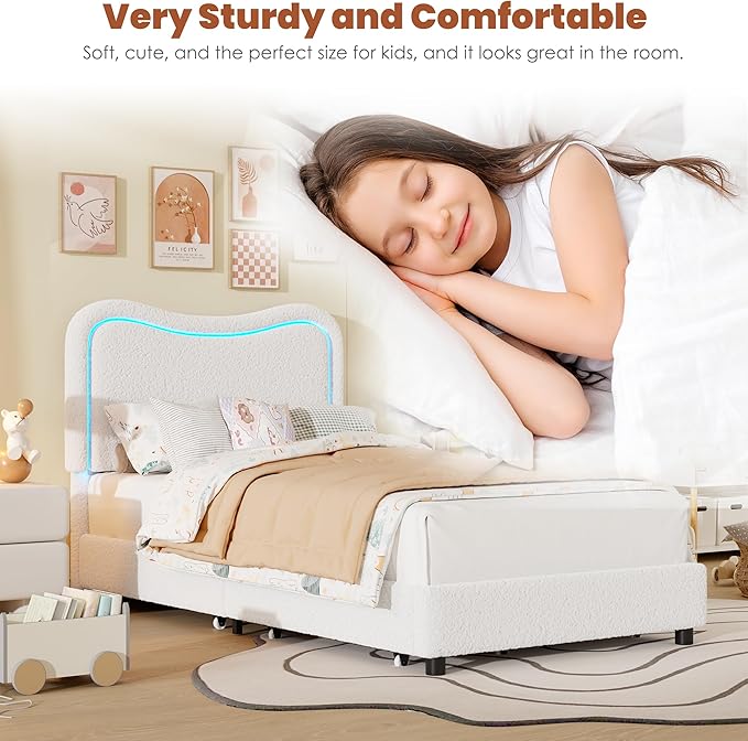 GarveeHome Upholstered LED Twin Bed Frames for Kids with 2 Drawers and Headboard, Cute Twin Bed with Storage for Girls, Boys, Sturdy Platform Bed, No Box Spring Needed, Wooden Slats, Noise, White