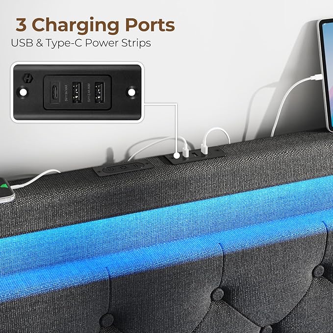 Rolanstar Twin Bed Frame with Charging Station, LED Bed with Under Bed Storage, Adjustable Headboard 38.9/40.8 Inches, No Box Spring Needed, Noise Free, Easy Assembly, Grey