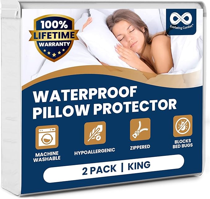 100% Stain Resistant & Waterproof King Size Pillow Protectors with Zipper Set of 2 - Bed Bug & Dust Mite Proof White Pillowcases - Breathable, Comfortable Pack of Covers for Pillows, 20 x 36 Inches