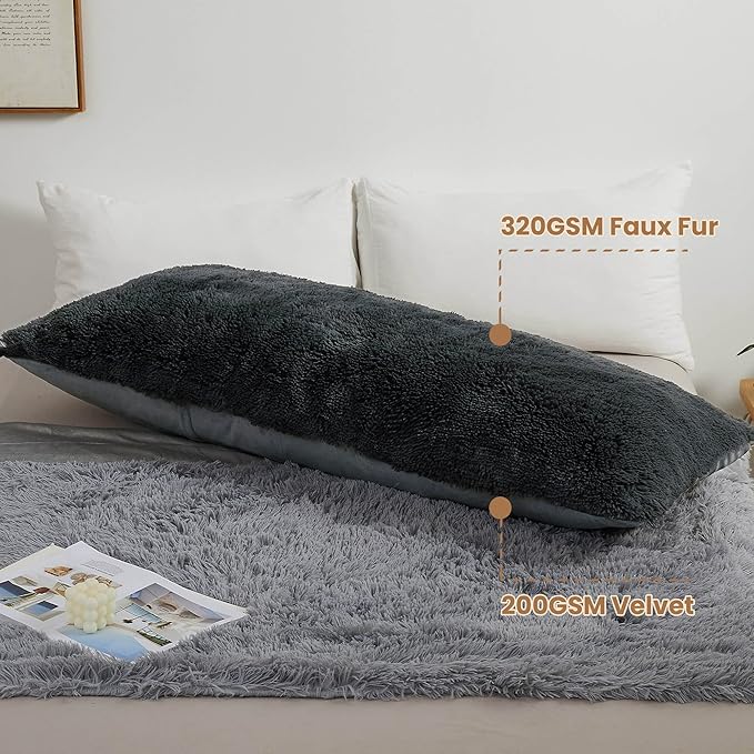 MEGO Shaggy Plush Body Pillow Cover, Grey Faux Fur Fluffy Body Pillowcase, 20x54 Boho Fuzzy Body Pillow Case, Furry Long Big Throw Pillow Sham with Zipper for Home Bedding Couch Living Room Dark Gray