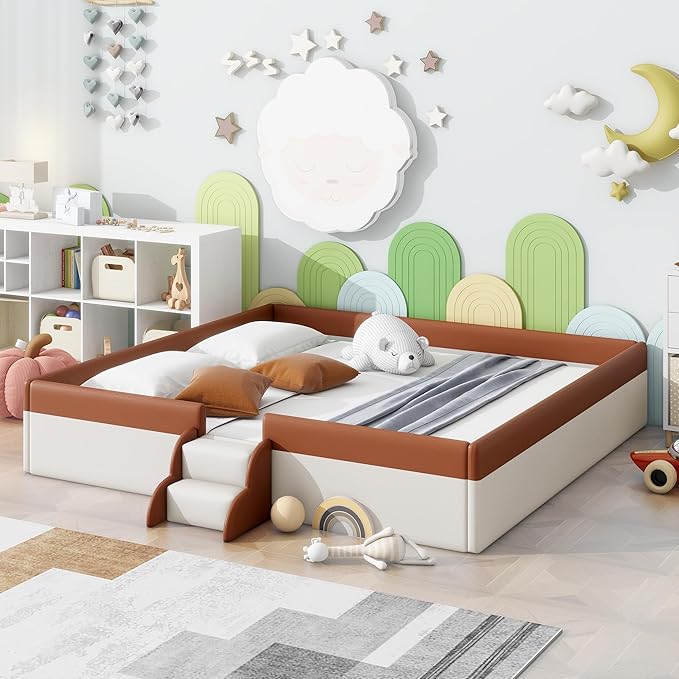 Merax King Size Kids Floor Bed, Daybed Frame with Fence and Stairs, Upholstered Wood Bed for Living Room, White+Brown