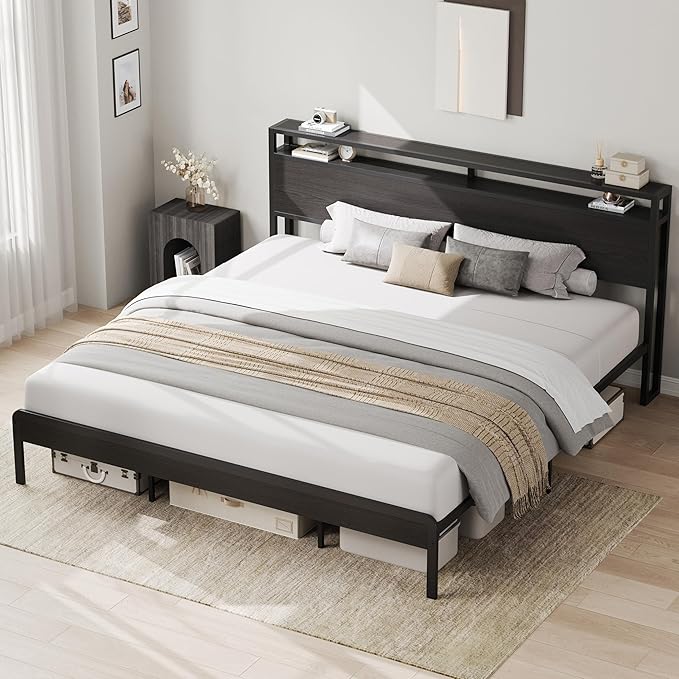 LIKIMIO King Bed Frame with Headboard, Dark Wood Camas King with Strong Supports, Sturdy, Noise-Free, No Box Spring Needed, Classic Black
