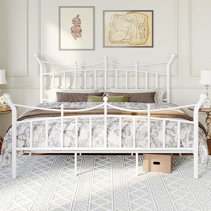 Allewie 14 Inches King Size Metal Platform Bed Frame with Elegant Crown Iron-Art Headboard & Footboard, Sturdy Mattress Foundation with Under-Bed Storage, Easy Assembly, No Box Spring Needed, White