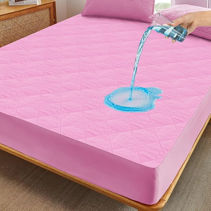 Waterproof Mattress Protector, Noiseless Twin Size Mattress Pad with Deep Pocket Fitted Up to 6-12 inches, Soft Breathable Dirt-Proof Bed Mattress Cover Washable for Bedroom, Hotel(1, Pink, Twin)