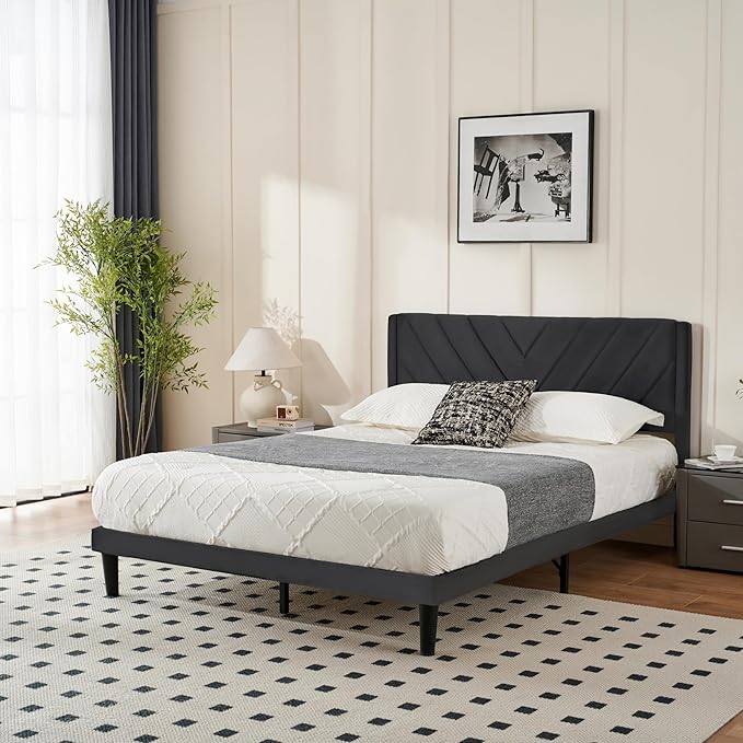 Full Bed Frame with Headboard, Bed Frame Full Size with Sturdy Wooden Slats Support, Platform Bed Frame with Velvet Upholstered Headboard, Mattress Foundation, Easy Assembly, No Box Spring Needed