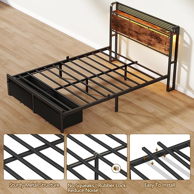 Furnulem Full Size Bed Frame with Headboard Storage, Platform Bed Frame Full Size with 2 Drawers, Charging Station and LED Lights, No Box Spring Needed, Noise Free, Easy Assembly (800 lbs Capacity)