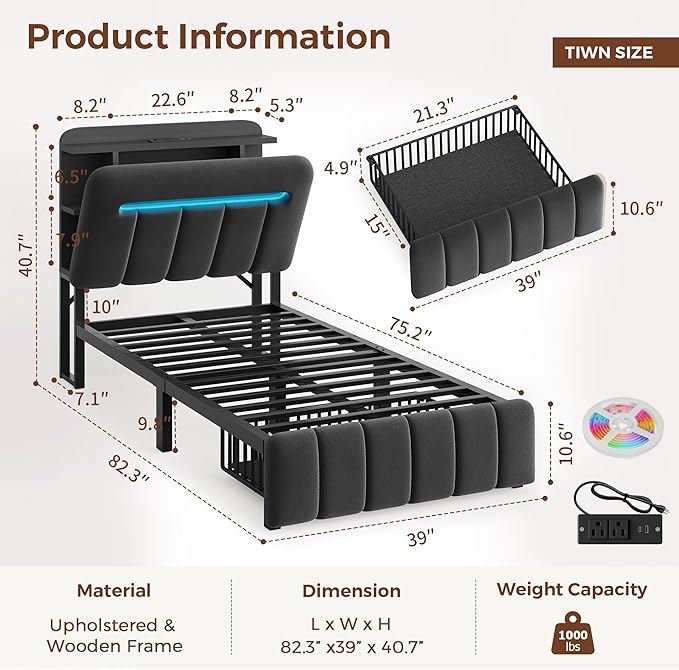 Twin Bed Frames with Storage Headboard for Kids/Boys, Upholstered Black Bed Frame Twin Size with Storage Drawers and Charging Station,Velvet Platform Metal Bed, Noise-Free, No Box Spring Needed
