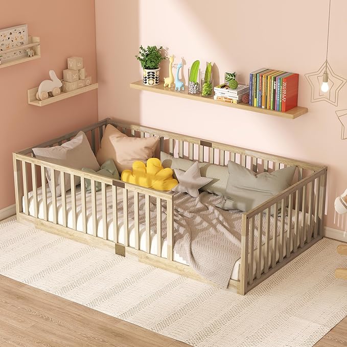 Bellemave Twin Size Montessori Floor Bed with 21.5" High Rails, Rubber Wood Twin Floor Bed with Slats, Natural