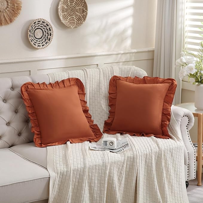 Merryword Burnt Orange Pillowcases 18x18 Caramel Throw Pillow Covers Pack of 2 Ruffle Pillowcase Cushion for Couch Sofa Bedroom