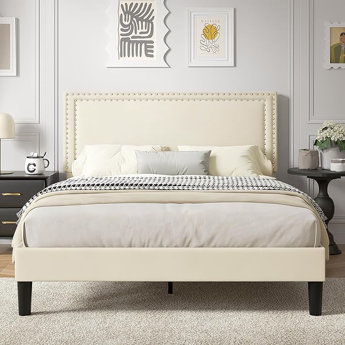VECELO Queen Size Platform Bed Frame with Height Adjustable Upholstered Headboard, Modern Mattress Foundation,Strong Wood Slat Support, No Box Spring Needed, Easy Assembly,Beige