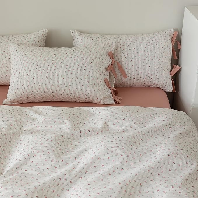 VM VOUGEMARKET Full Duvet Cover Set,3 Pieces Pink Flower Stripes Prints Duvet Cover with 2 Bowknot Pillowcases Vintage Floral Bedding Set Full Size 80"x90",Off-White/Cream