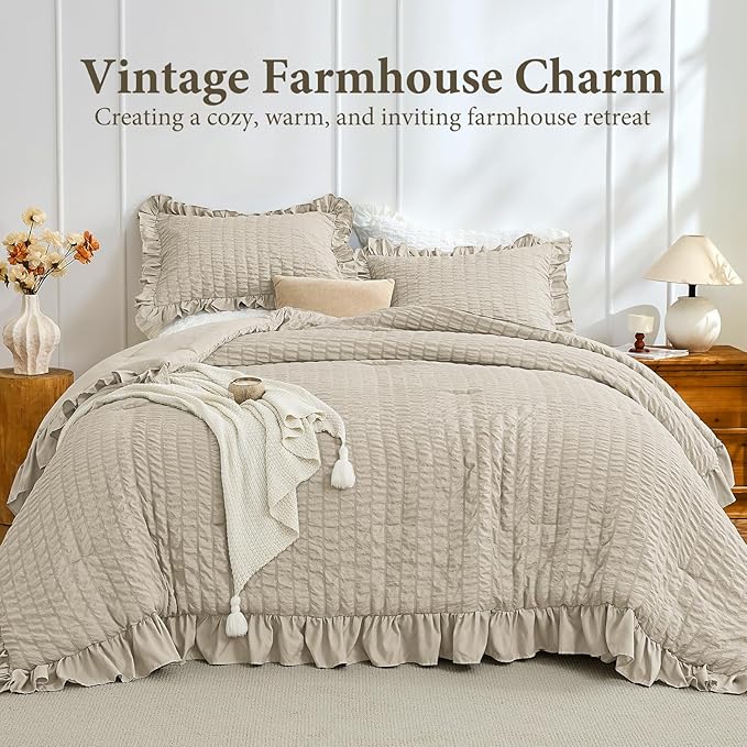 JOLLYVOGUE Full Size Comforter, 3 Pieces Linen Seersucker Lightweight Full Size Bedding, All Season Fluffy Microfiber Bedding Comforter Set with 1 Ruffle Comforter and 2 Ruffle Pillowshams