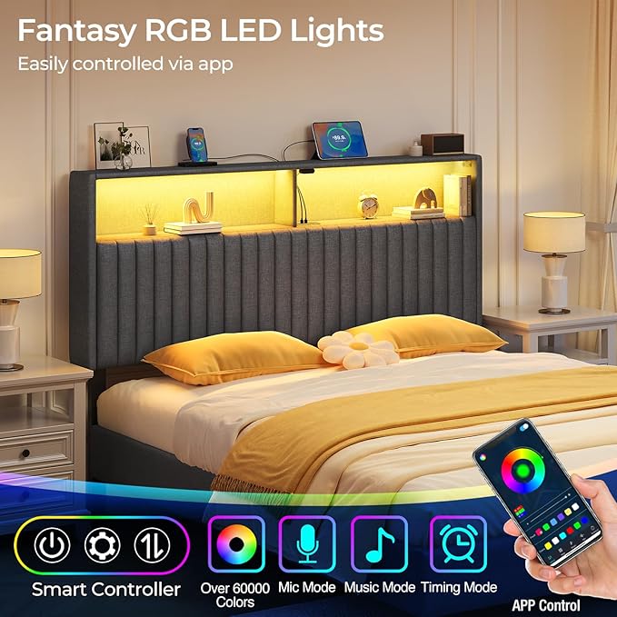Rolanstar Headboard for Full Size Bed with Storage, Head Board with USB & Type C Port, 60,000 DIY Color of LED Light, Velvet Upholstered, Height Adjustable, Sturdy, Easy Assembly, Grey