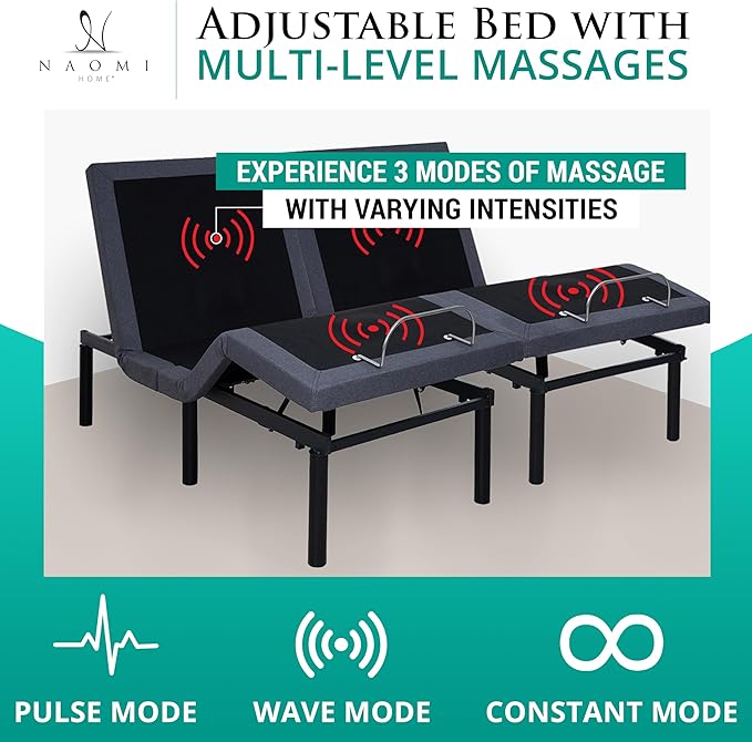 Naomi Home Idealbase Split King Adjustable Bed Frame with Lumbar Support Head Tilt Foot Incline Back Leg Massage USB Ports Massage Bed with Wireless Remote Ergonomic Zero - Gravity Smart