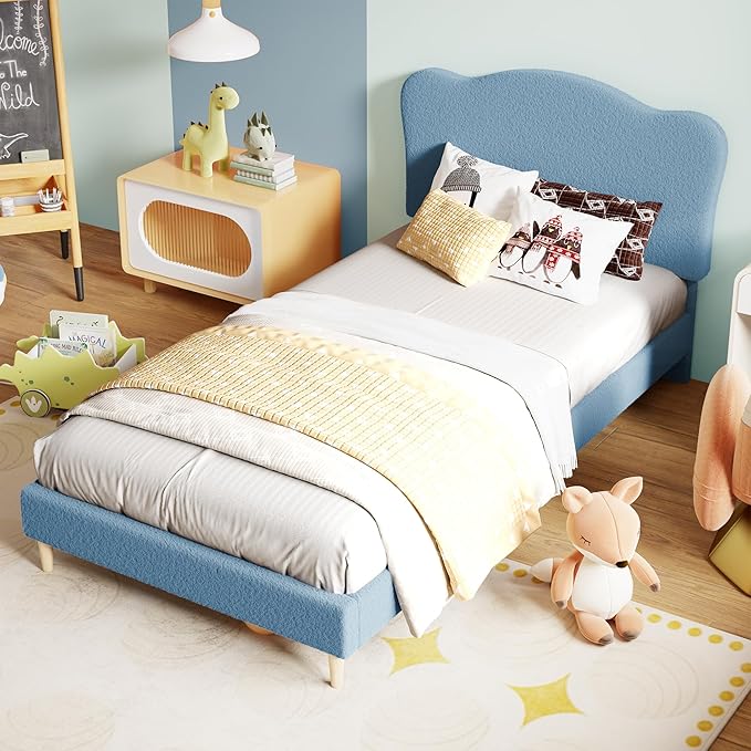 GarveeHome Upholstered Twin Size Bed Frame for Kids with Scallop Headboard, Cute Velvet Twin Bed for Girls, Boys, Sturdy Platform Bed, No Box Spring Needed, Wooden Slats, Noise Free, Dark Blue