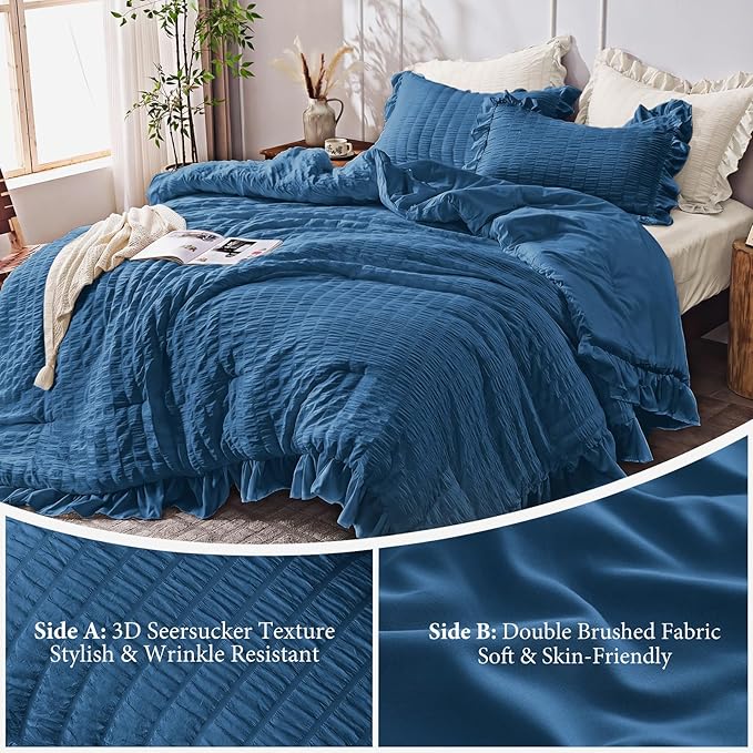 JOLLYVOGUE Teal King Comforter Set, 3 Pieces Seersucker Comforters King Size, Lightweight & Fluffy Bedding Sets King for All Season with 1 Ruffle Comforter and 2 Ruffle Pillowshams