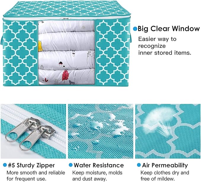 WISELIFE Storage Bags 100L [6 Pack] Large Blanket Clothes Organization and Storage Containers for Bedding, Comforters, Foldable Organizer with Reinforced Handle, Clear Window, Sturdy Zippers, Green