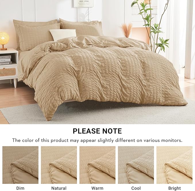 HYMOKEGE Khaki Full Size Comforter Sets Seersucker 7 Pieces, All Season Luxury Bed in a Bag for Bedroom, Bedding Set with Comforter, Sheets, Pillowcases & Shams