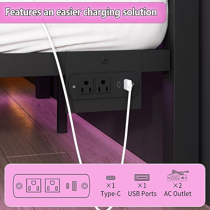 CLIBFENG Twin Bed Frame with Headboard and Footboard,Steel Slats Support-LED Bed Frame with USB Charging Station,Mattress Foundation-Under Bed Storage,No Box Spring Needed,Noise Free,Black