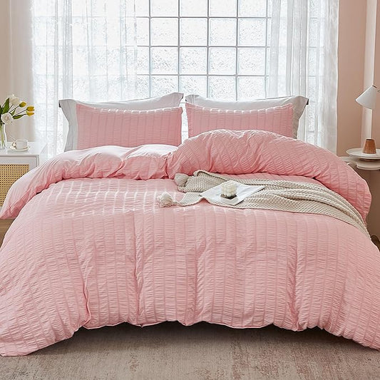 AveLom Blush Pink Seersucker Duvet Cover Set Queen Size (90 x 90 inches), 3 Pieces (1 Duvet Cover + 2 Pillow Cases), Ultra Soft Washed Microfiber, Textured Duvet Cover with Zipper Closure, Corner Ties