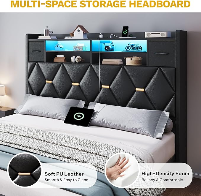 YITAHOME Full Size Bed Frame with 2 Storage Drawers and Storage Headboard, Upholstered Platform with Charging Station and LED Light, No Box Spring Needed, Noise Free, Easy Assembly, PU Leather Black