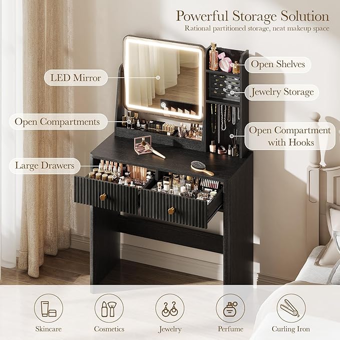 Memobarco Fluted Vanity Desk with Mirror and Lights, Small Makeup Vanity with 2 Drawers and Jewelry Storage Cabinet, 3 Lighting Modes Adjustable Brightness, Dressing Table for Bedroom - Black