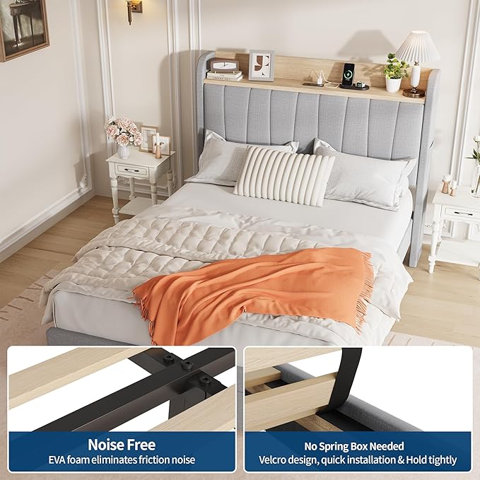 GarveeHome Twin Size Bed Frame with Storage Headboard and Charging Station, Upholstered Platform Bed Frame with Drawers, Heavy Duty, No Box Spring Needed, Easy Assembly, Grey