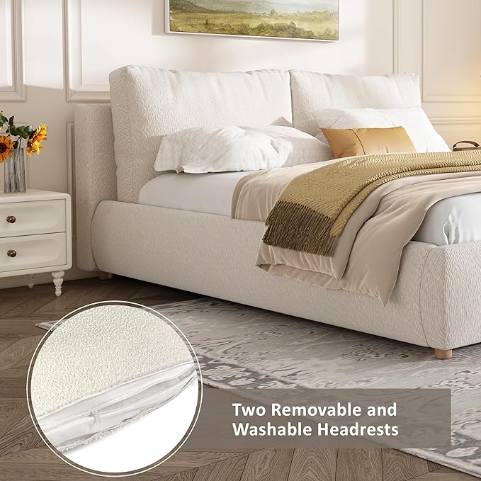 Merax Queen Size Boucle Fabric Upholstered Platform Bed with Two Removable Pillow Headboard, Wood Bed Frame with Solid Round Legs for Kids Teens Adults, White
