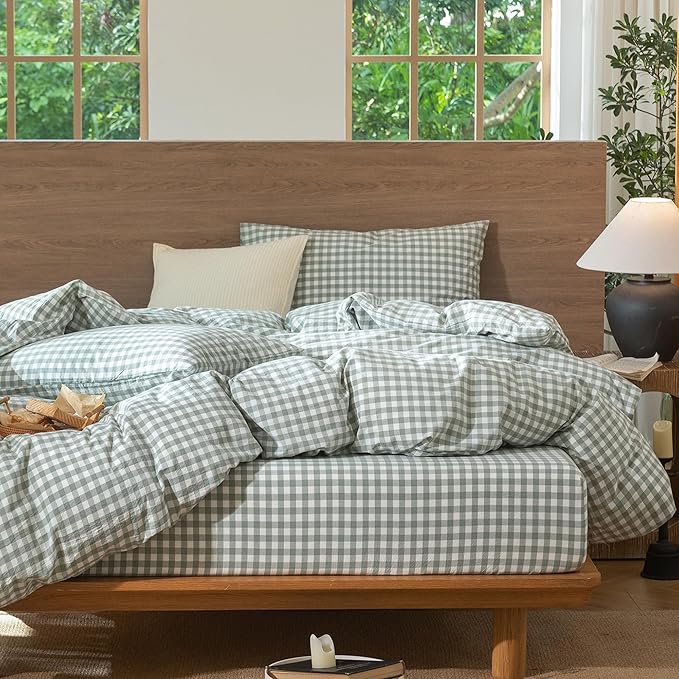 MooMee Gingham Duvet Cover Set 100% Washed Cotton Linen Like Textured Breathable Durable Soft Comfy Modern Checkered Design (Sage Green Gingham, Cal King 104"x98")