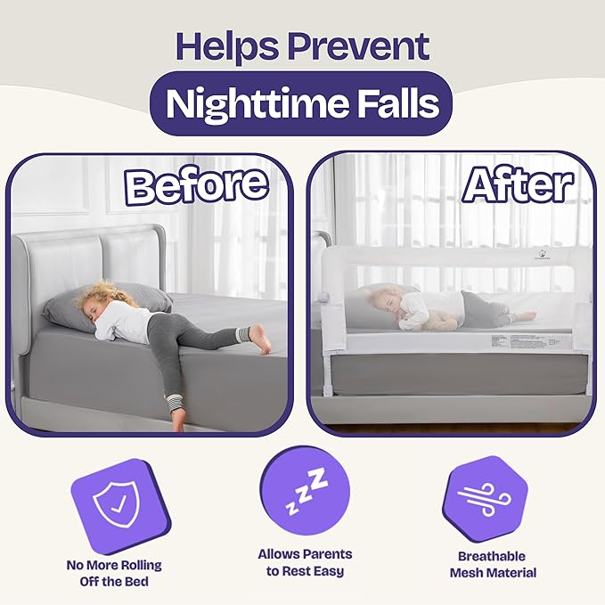 ComfyBumpy Premium Adjustable Bed Rail for Toddlers, Swing-Down Safety Guard, Height Adjusts 24.4"–32.3"H, Extra-Long 55.5", Sturdy Steel & Breathable Mesh, For Twin, Full, Queen & King, White, 1-Pack