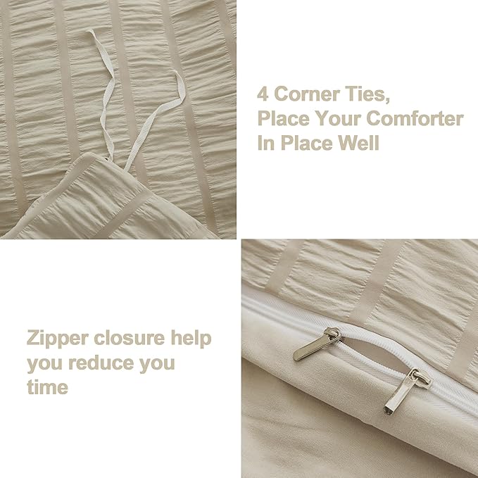 AveLom Beige Seersucker Duvet Cover Set Queen Size (90 x 90 inches), 3 Pieces (1 Duvet Cover + 2 Pillow Cases), Ultra Soft Washed Microfiber, Textured Duvet Cover with Zipper Closure, Corner Ties