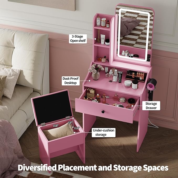 DUMOS Makeup Vanity Desk, Vanity Table Set with Mirror and Lights, Small Vanity with Storage Bench, Charging Station and Hair Dryer Holder, Dressing Table with Drawer and Three Shelves, Pink
