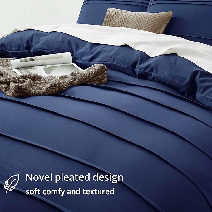 Oli Anderson Navy Blue Duvet Cover King Size - Pleated King Duvet Cover, 3PCS Soft and Breathable Textured Bedding Set with Zipper Closure(Navy Blue,104"x90")