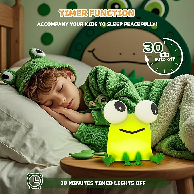 FAMIDUO Cute Frog Night Light, LED Silicone Squishy Novelty Animal Lamp,3 Levels Dimmable/Timer Nursery Nightlight for Kids, Rechargeable Touch Bedside Lamp, Bedroom/Dorm Decor, Baby Boys Girls Gifts