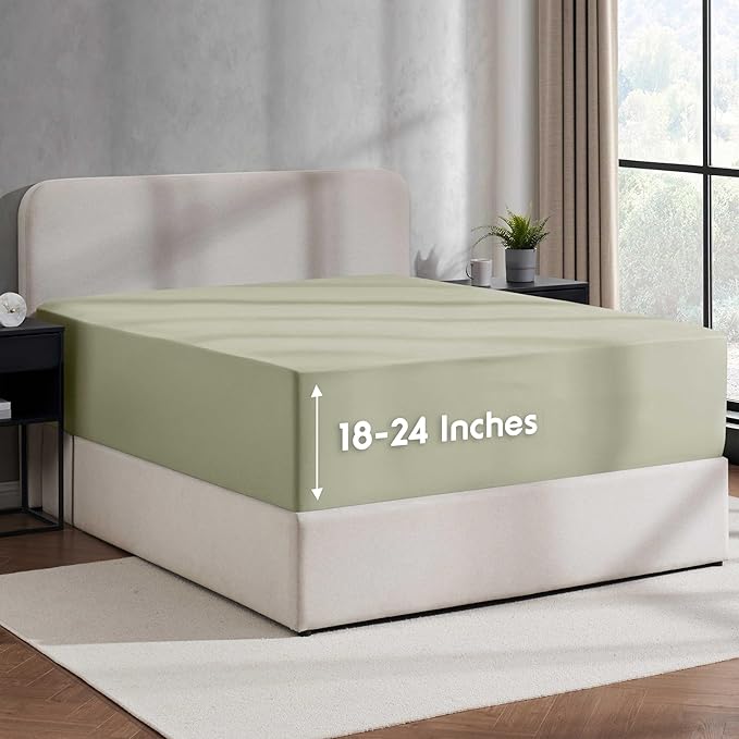 Nestl Light Sage Extra Deep Pocket King Fitted Sheet Only, Hotel Luxury King Size Fitted Sheets Easily Fits 18 to 24 Inch Mattress, Super Soft, Wrinkle-Free, and Breathable Sheets with Corner Straps
